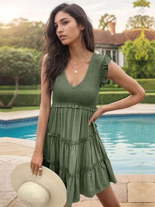 Solid V-Neck Ruffle Dress -Guocali