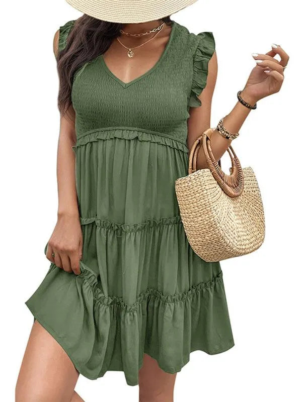 Solid V-Neck Ruffle Dress -Guocali