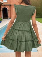 Solid V-Neck Ruffle Dress -Guocali