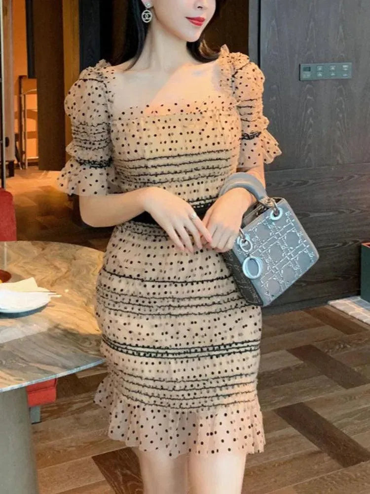 Square Neck Dot Print Party Dress -Guocali