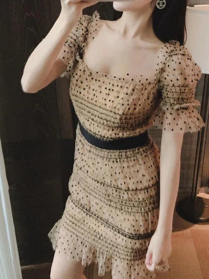 Square Neck Dot Print Party Dress -Guocali