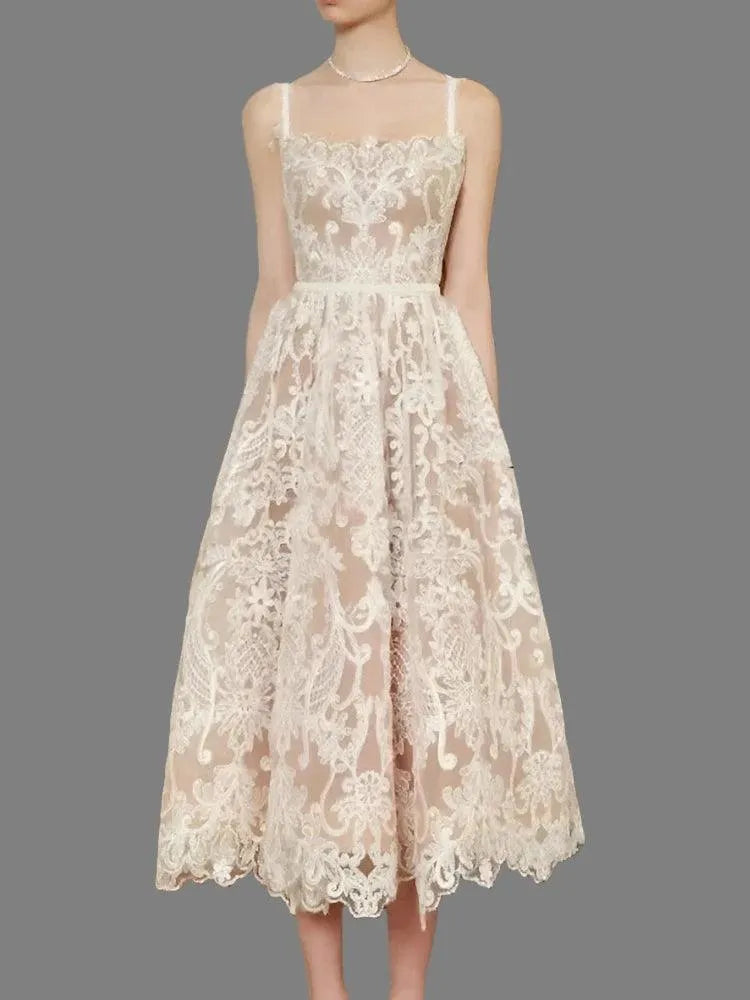 Square Neck Lace Embroidery Camisole Dress -Guocali