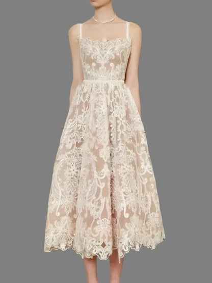 Square Neck Lace Embroidery Camisole Dress -Guocali