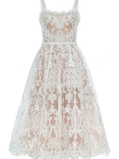 Square Neck Lace Embroidery Camisole Dress -Guocali