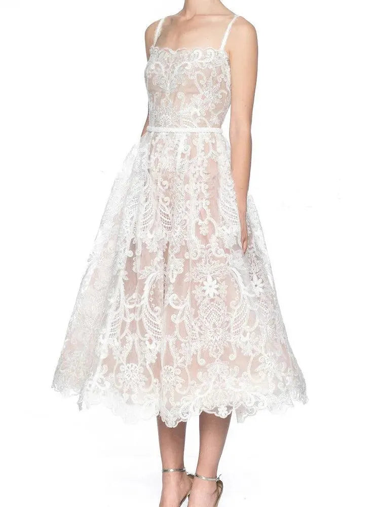 Square Neck Lace Embroidery Camisole Dress -Guocali