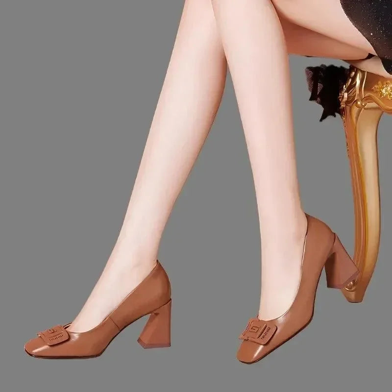 Square Toe High Heel Women Leather Pumps -Guocali