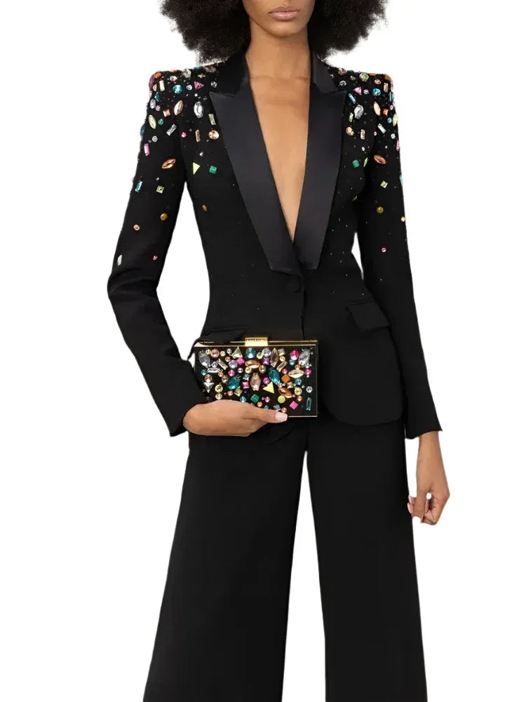 Strass Diamonds Beaded Blazer Pant Suit - Women Tuxedo Trouser Suit -Guocali