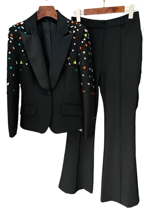Strass Diamonds Beaded Blazer Pant Suit - Women Tuxedo Trouser Suit -Guocali