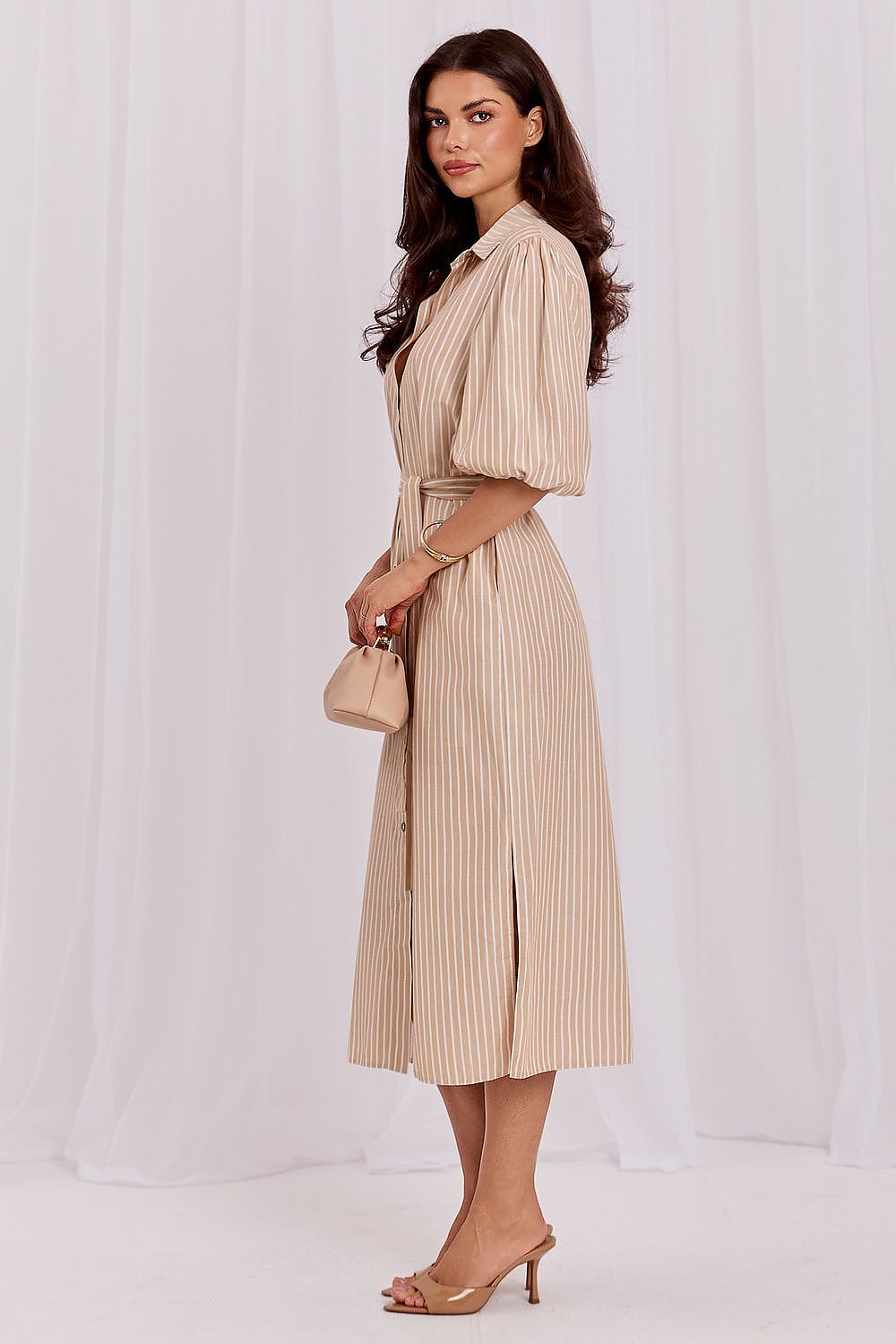 Striped Cotton Belted Midi Shirt Dress – Beige – Daydress | GUOCALI – view 2