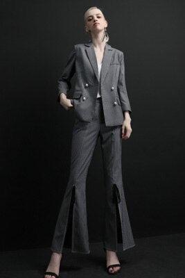 Striped Grey Pantsuit With Slits - Women Trouser Suits - Trouser Suit - Pantsuit - Guocali