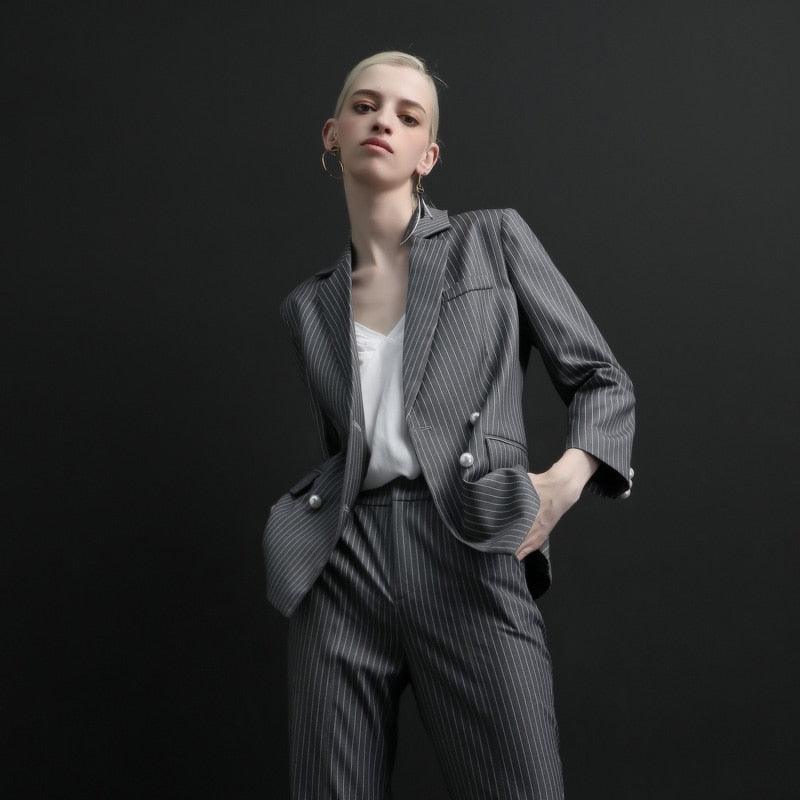 Striped Grey Pantsuit With Slits - Women Trouser Suits - Trouser Suit - Pantsuit - Guocali