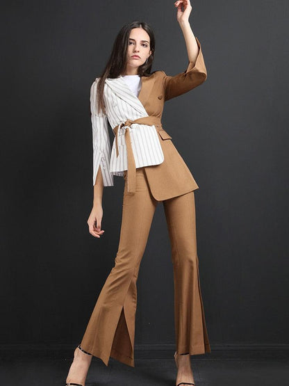 Striped Patchwork Flared Pant Suits - Women Trouser Suits - Trouser Suit - Pantsuit - Guocali