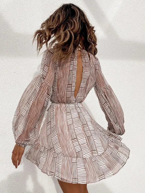Striped V-Neck Waist Long-Sleeved Dress -Guocali