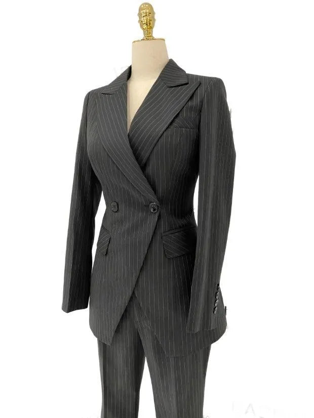 Striped Women Pant Suit - Grey Double Breasted Trouser Suit -Guocali