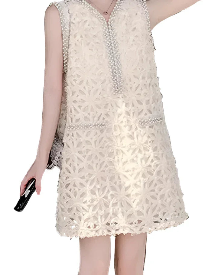 Studded Diamond V-Neck Lace Dress -Guocali