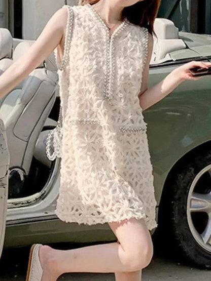 Studded Diamond V-Neck Lace Dress -Guocali