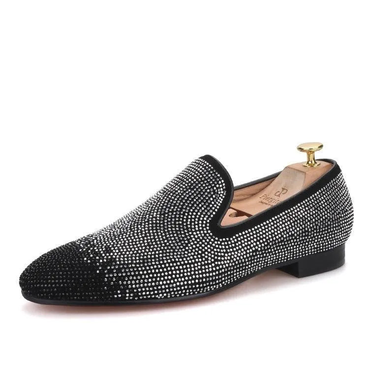 Suede Loafers with Rhinestones - Men Shoes -Guocali