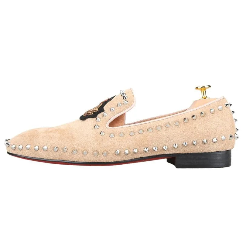 Suede Loafers With Spikes - Men Shoes -Guocali
