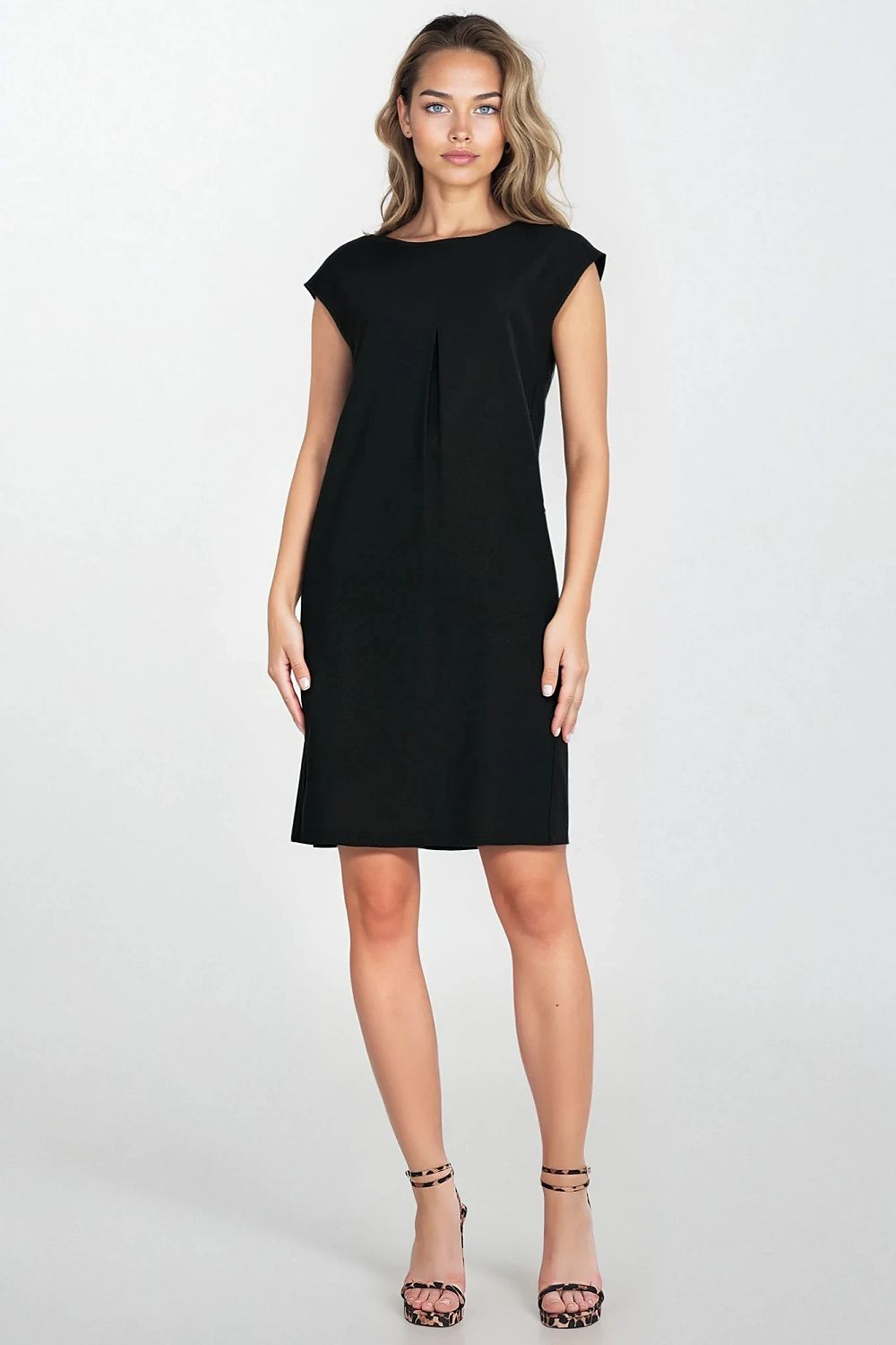 Summer Knee Length Dress – Round Neck, Relaxed Cut, Black – Daydress | GUOCALI – view 2
