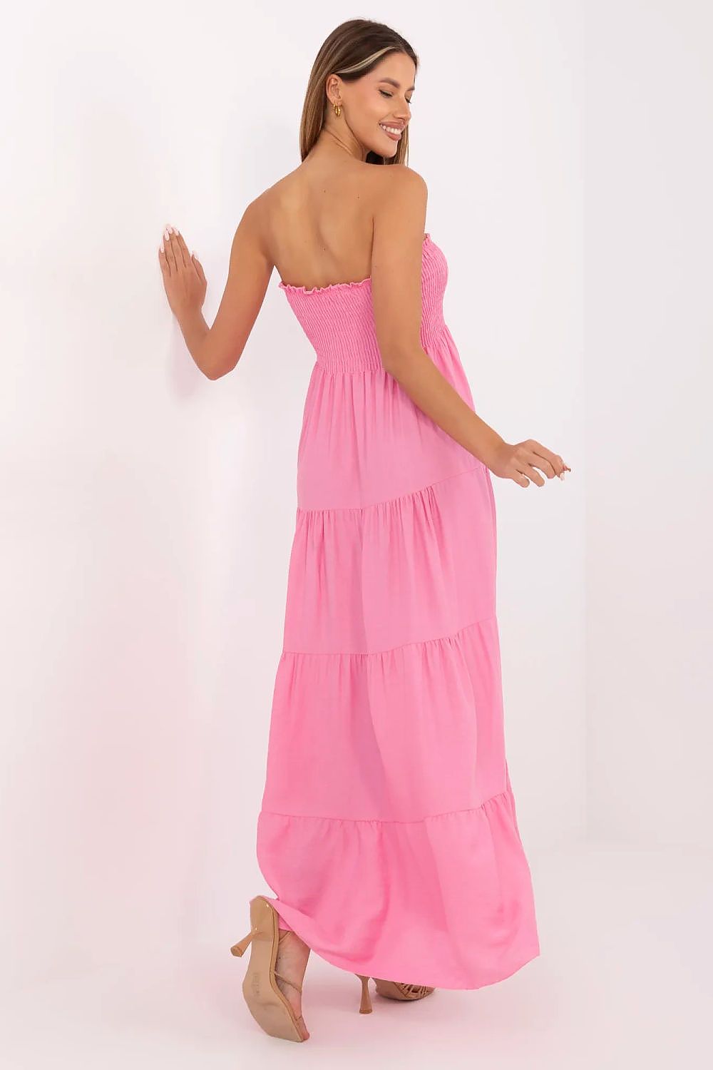 Summer Maxi Dress – Square Neck, A-Line, Ruffled Hem, Pink – Daydress | GUOCALI – view 3