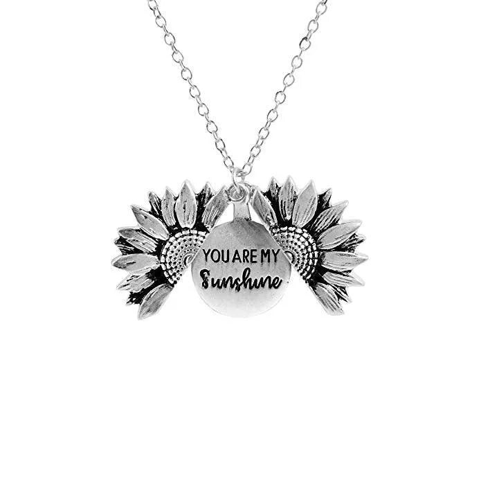 Sunflower Pendant Necklace - Engraved (You are my sunshine) -Guocali