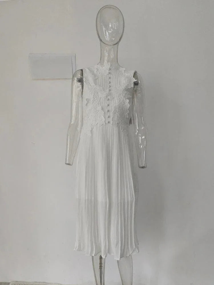 Sweet Long Pleated Lace Embroidery Dress -Guocali