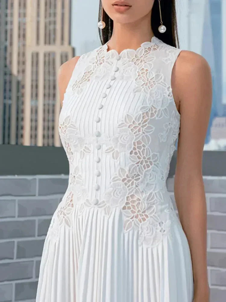 Sweet Long Pleated Lace Embroidery Dress -Guocali