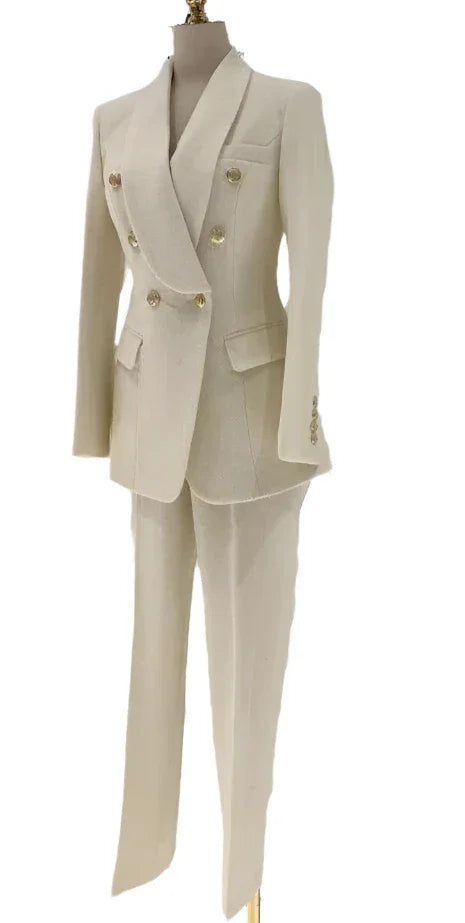 Thick Beige Woolen Pant Suit - High-End Trouser Suit -Guocali