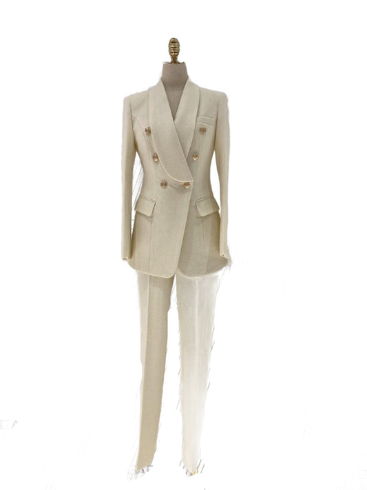 Thick Beige Woolen Pant Suit - High-End Trouser Suit - Pantsuit - Guocali
