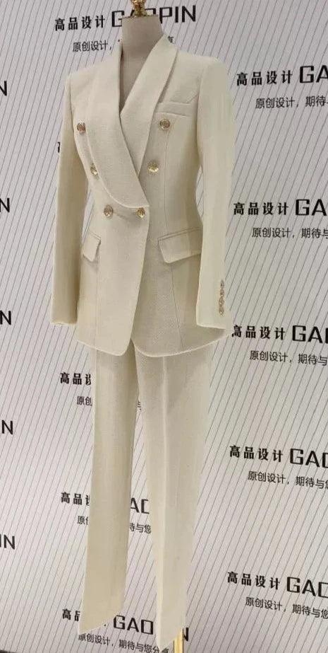 Thick Beige Woolen Pant Suit - High-End Trouser Suit - Pantsuit - Guocali