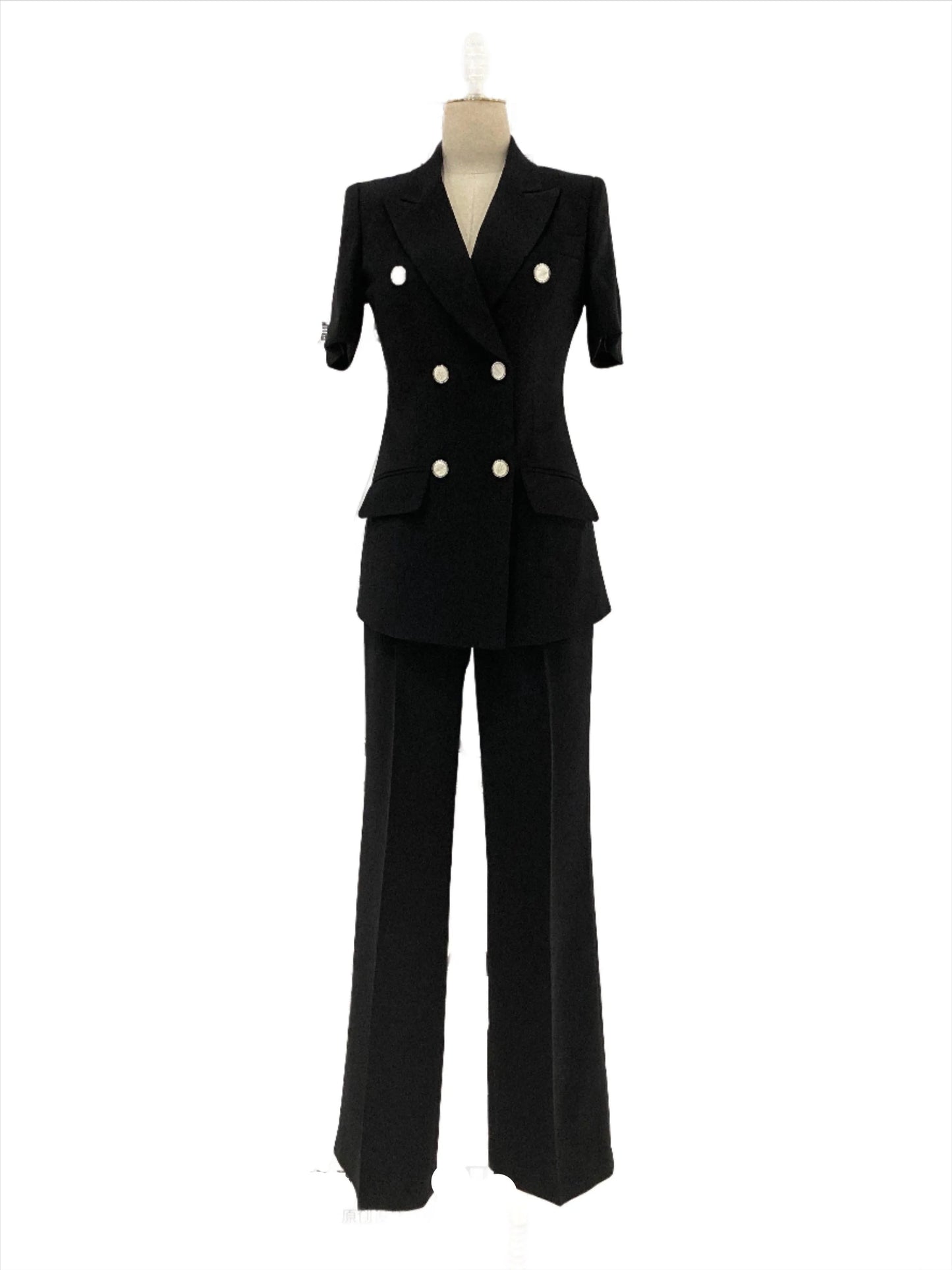 Thin Short Sleeved Women Pant Suit, Off-White, Black -Guocali