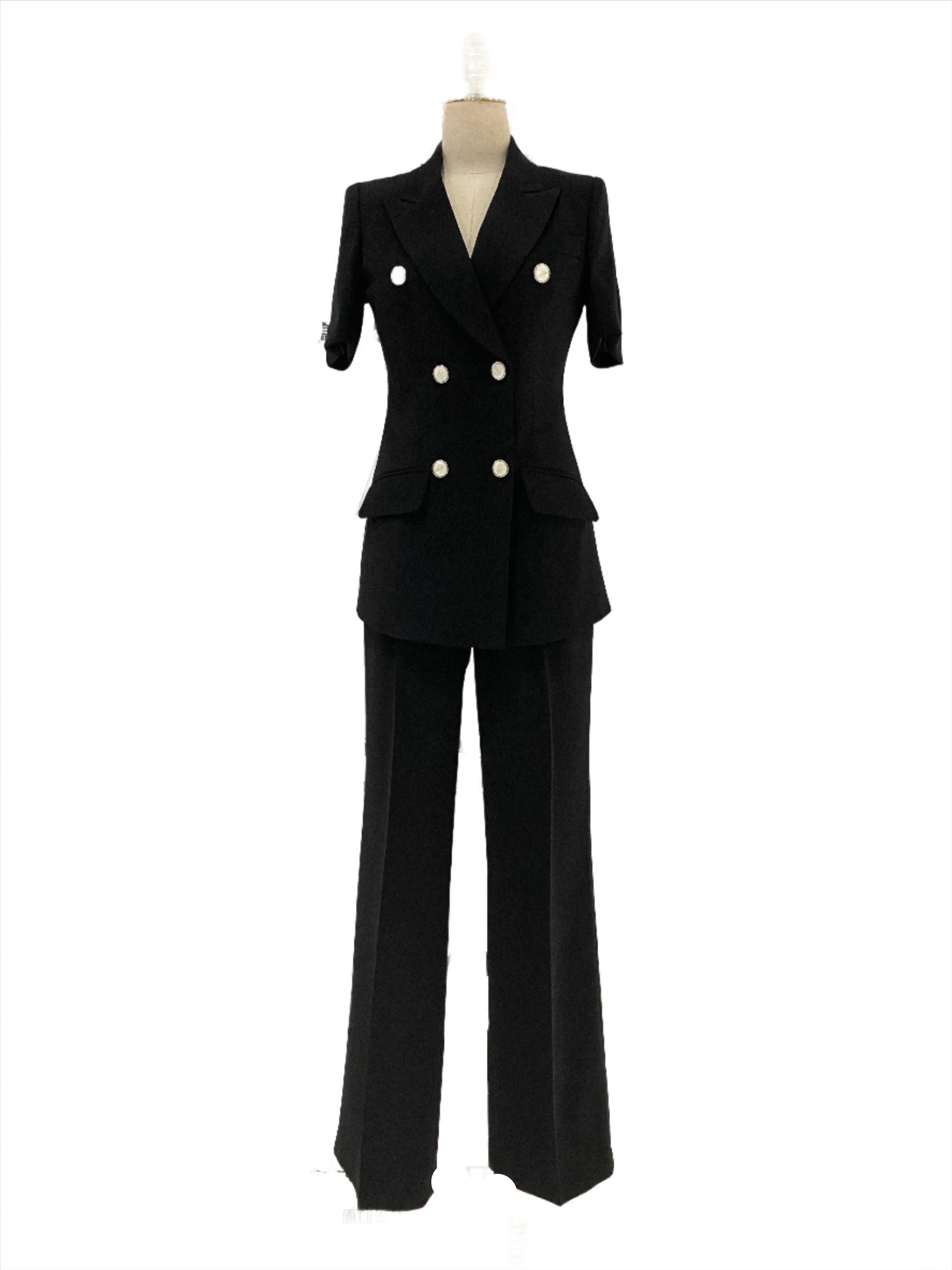 Thin Short Sleeved Women Pant Suit, Off-White, Black -Guocali