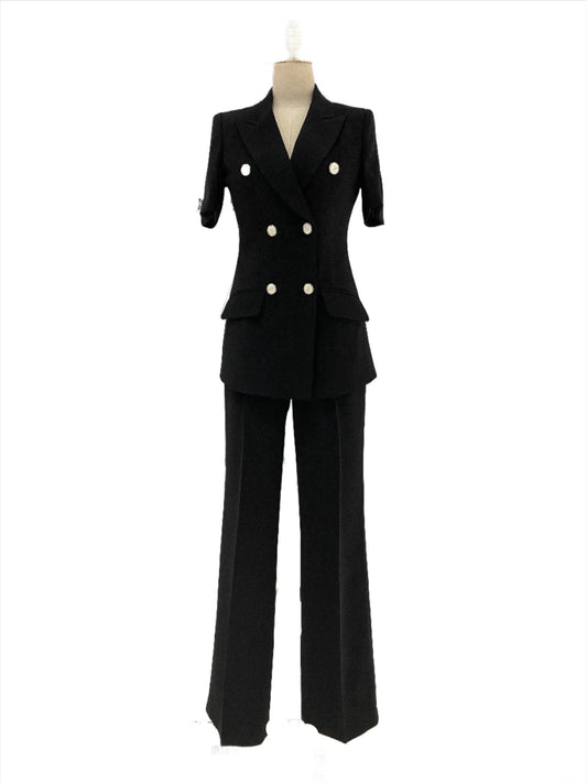 Thin Short Sleeved Women Pant Suit, Off-White, Black -Guocali
