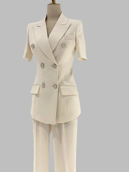 Thin Short Sleeved Women Pant Suit, Off-White, Black -Guocali