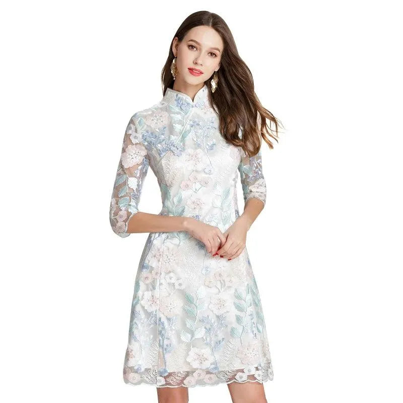 Three-Quarter Knee-Length Elegant Lace Dress -Guocali