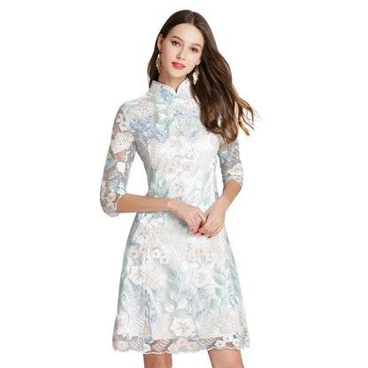 Three-Quarter Knee-Length Elegant Lace Dress -Guocali