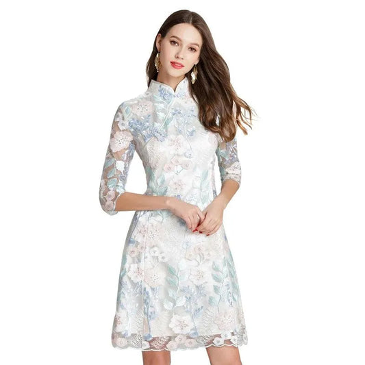 Three-Quarter Knee-Length Elegant Lace Dress -Guocali