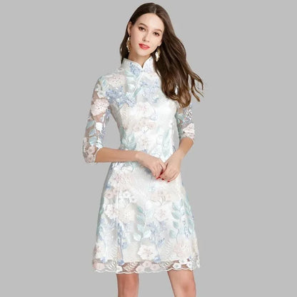 Three-Quarter Knee-Length Elegant Lace Dress -Guocali