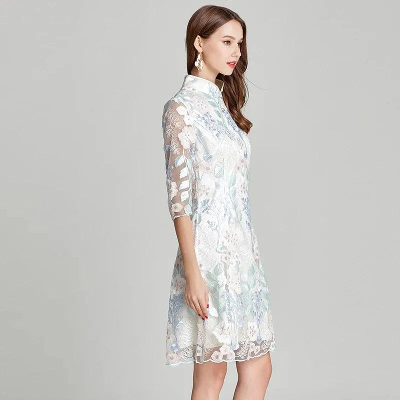 Three-Quarter Knee-Length Elegant Lace Dress -Guocali