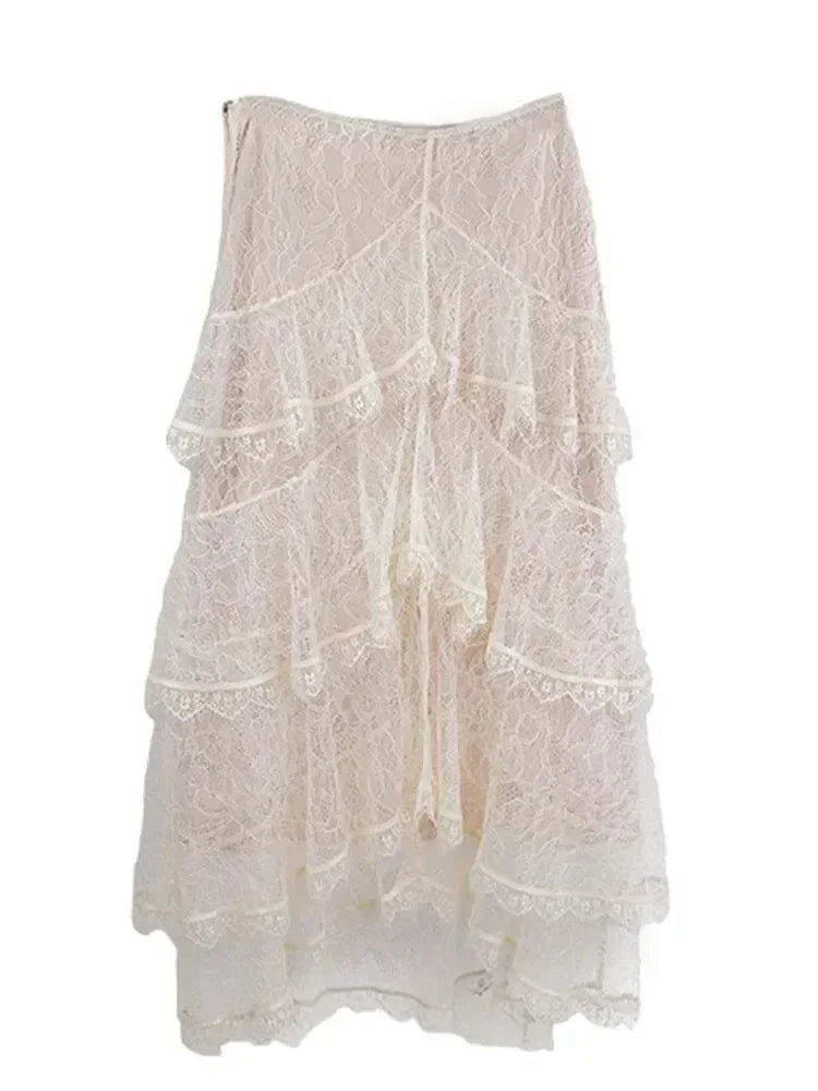 Tiered Skirt Women Lace Patchwork - A-Line Midi Women Skirt