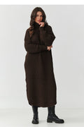 Turtleneck Knit Midi Dress – Long Sleeves, Relaxed Fit, Brown – Daydress | GUOCALI