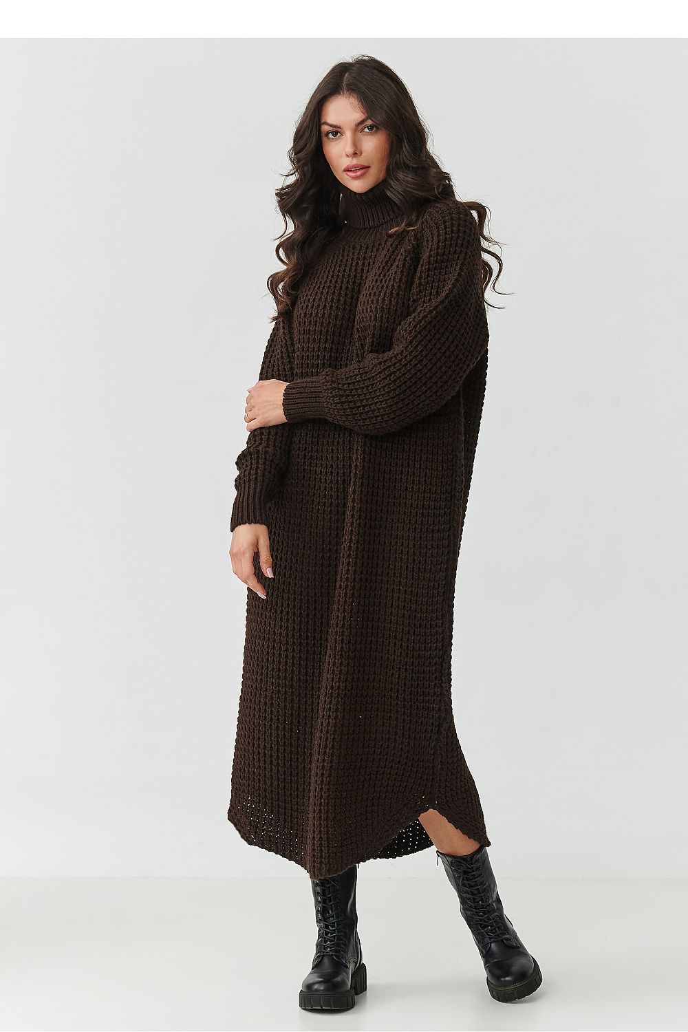 Turtleneck Knit Midi Dress – Long Sleeves, Relaxed Fit, Brown – Daydress | GUOCALI – view 2