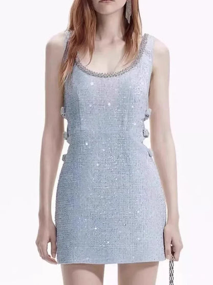 U-Neck Studded Diamond Bow Dress -Guocali