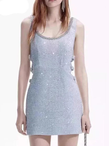 U-Neck Studded Diamond Bow Dress -Guocali