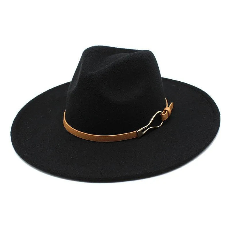Black unisex felt fedora jazz hat with wide brim and brown leather band