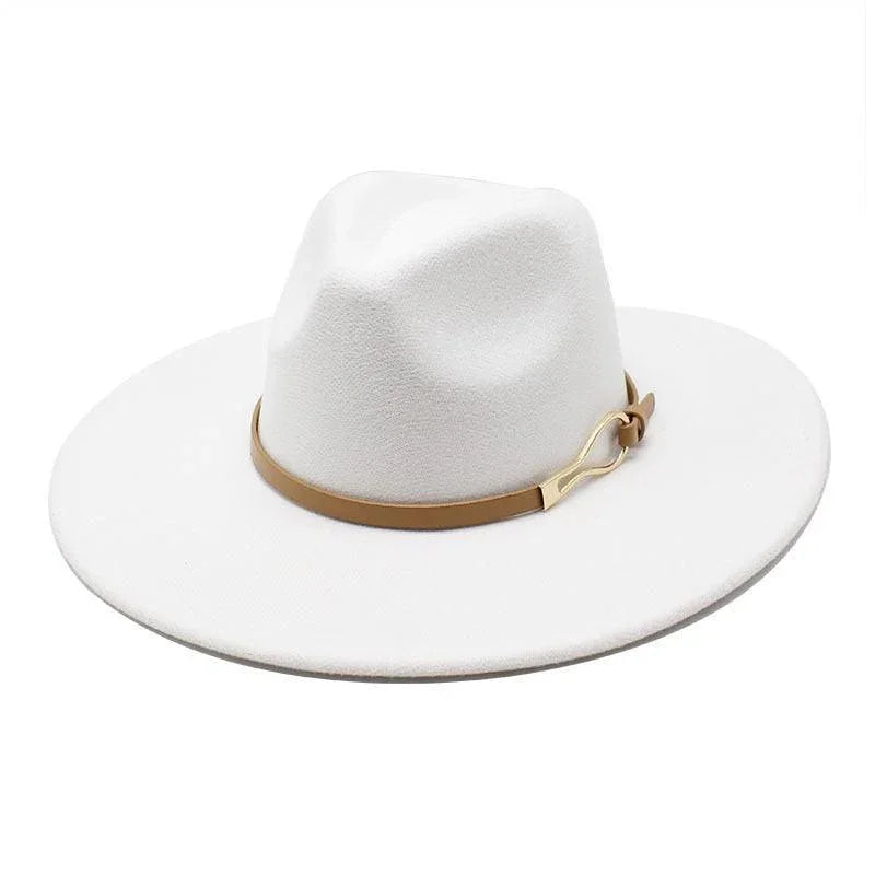 White unisex felt fedora jazz hat with tan band and gold accent on a white background