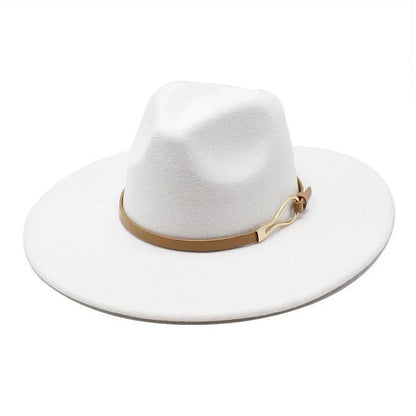 White unisex felt fedora jazz hat with tan band and gold accent on a white background