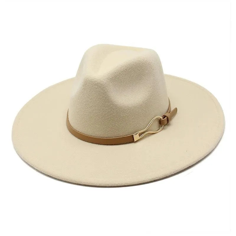 Beige felt fedora hat with wide brim and tan band, unisex jazz style accessory