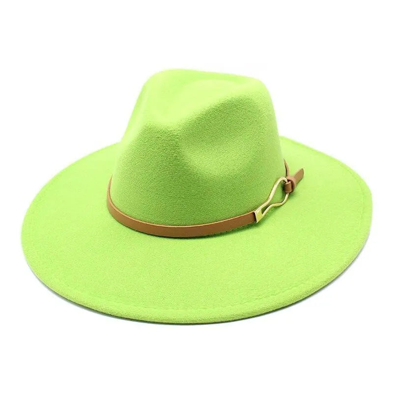 Lime green felt fedora hat with wide brim and brown leather band on white background
