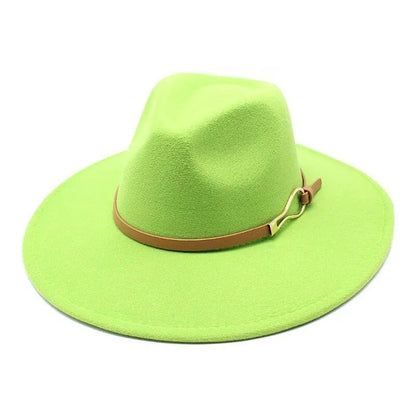 Lime green felt fedora hat with wide brim and brown leather band on white background